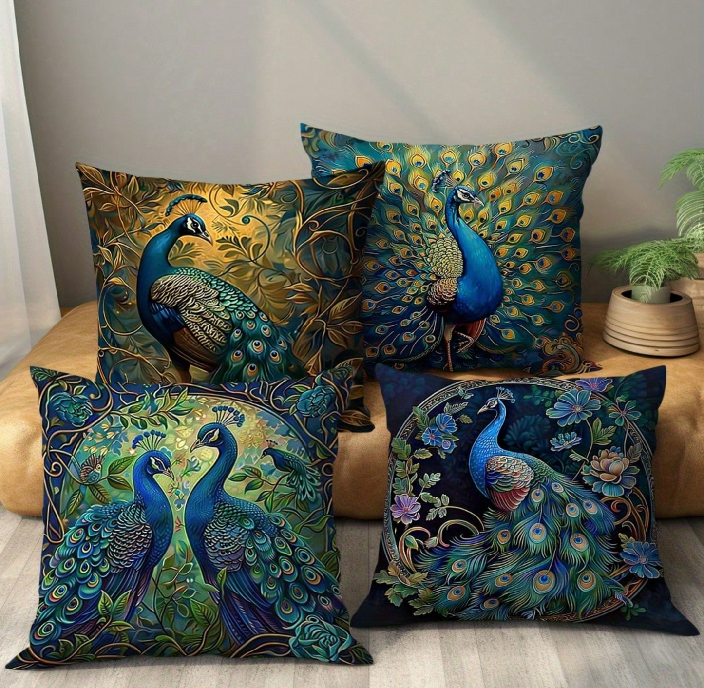 New 4-Pieces Peacock Vintage Pillow Cover Print