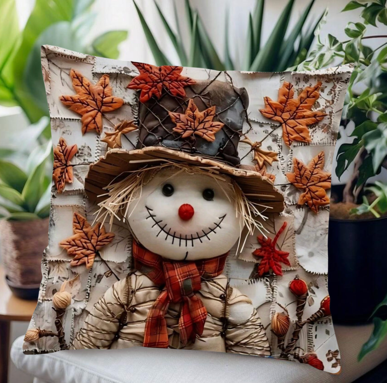 🍁New Beautiful Scarecrow Maple Print Pillow Cover 18"
